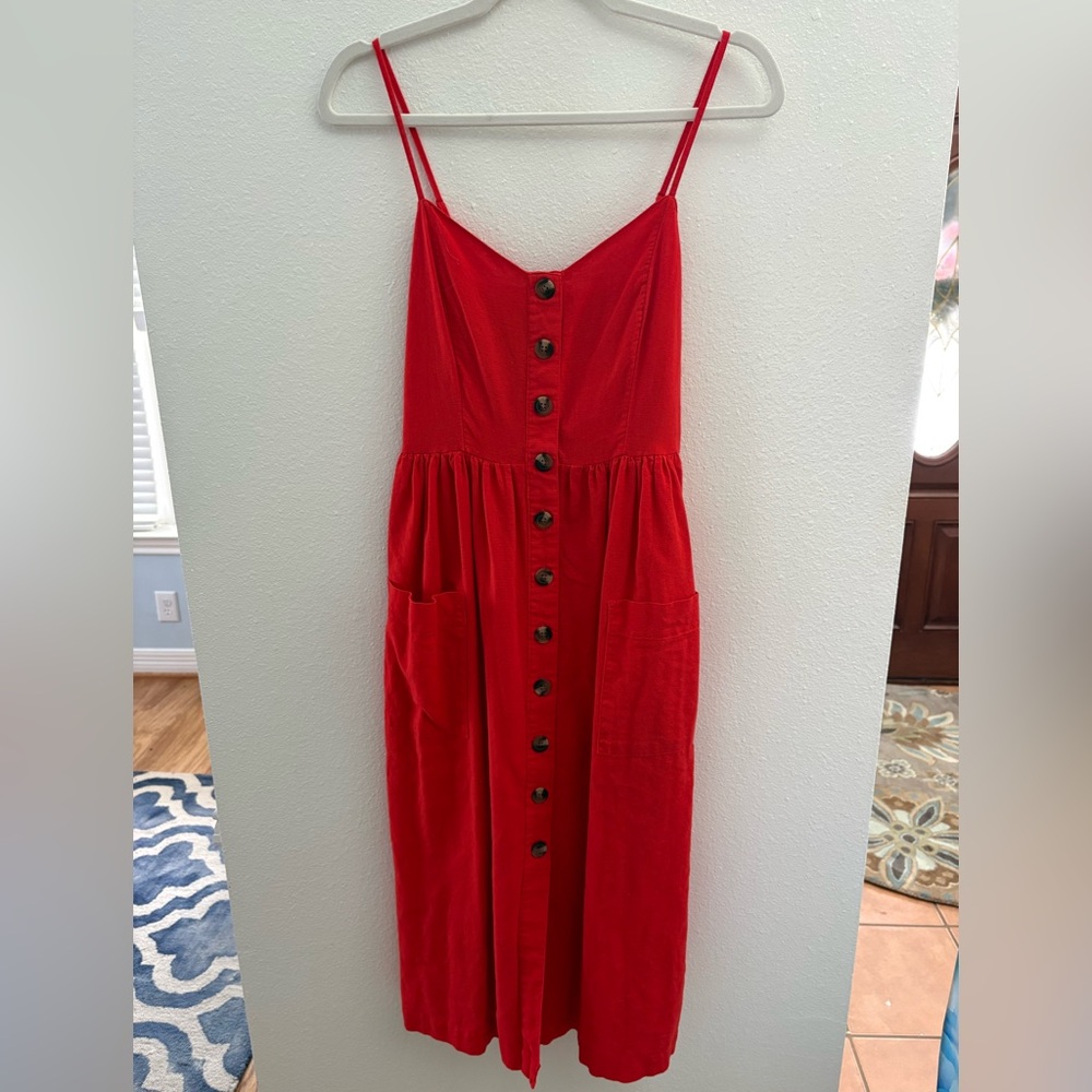 American Eagle Outfitters Vibrant Red Midi Dress Button Down Small linen cotton